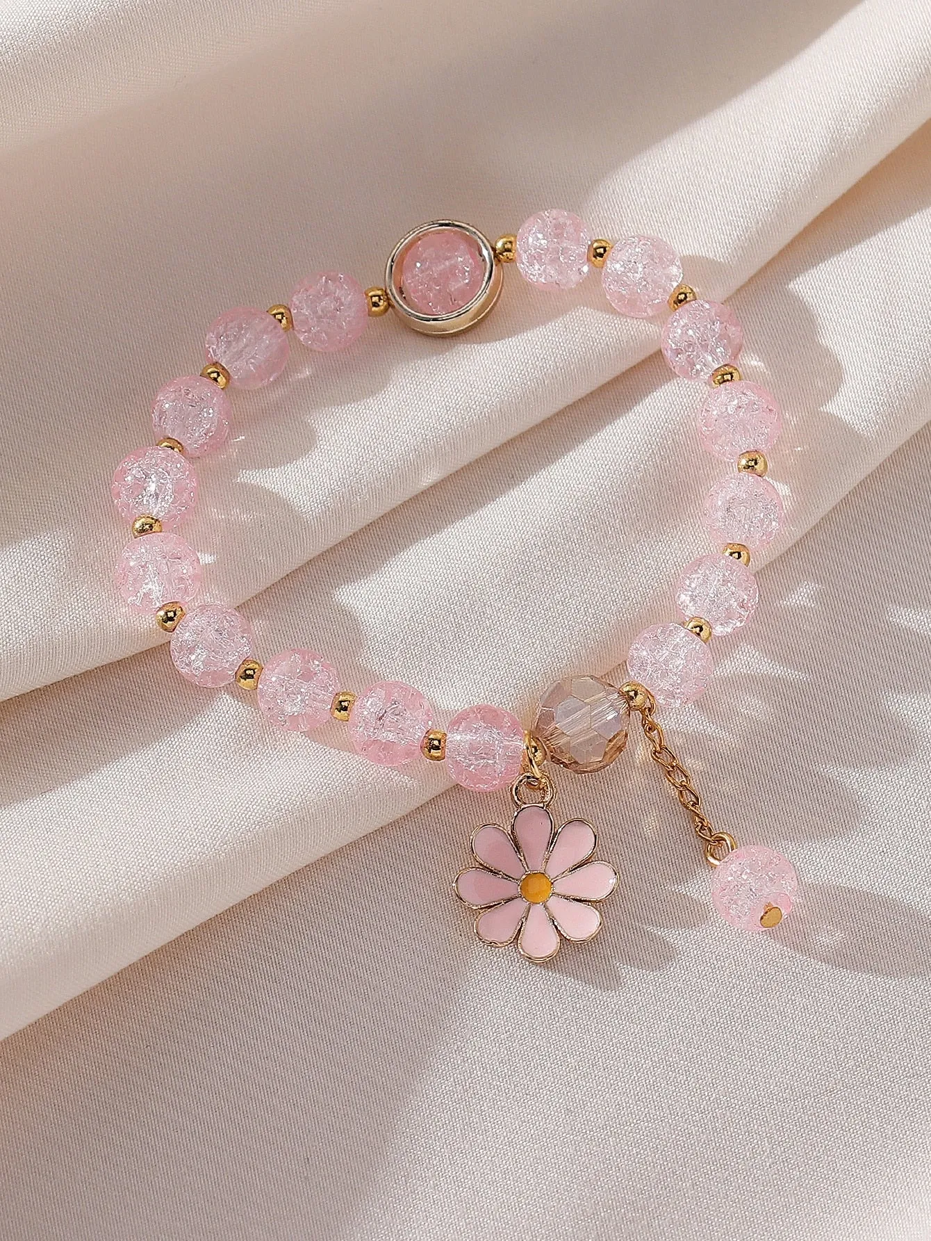 Pink Flower Charm Beaded Bracelet Women Bracelet Stackable Bracelet Crafted