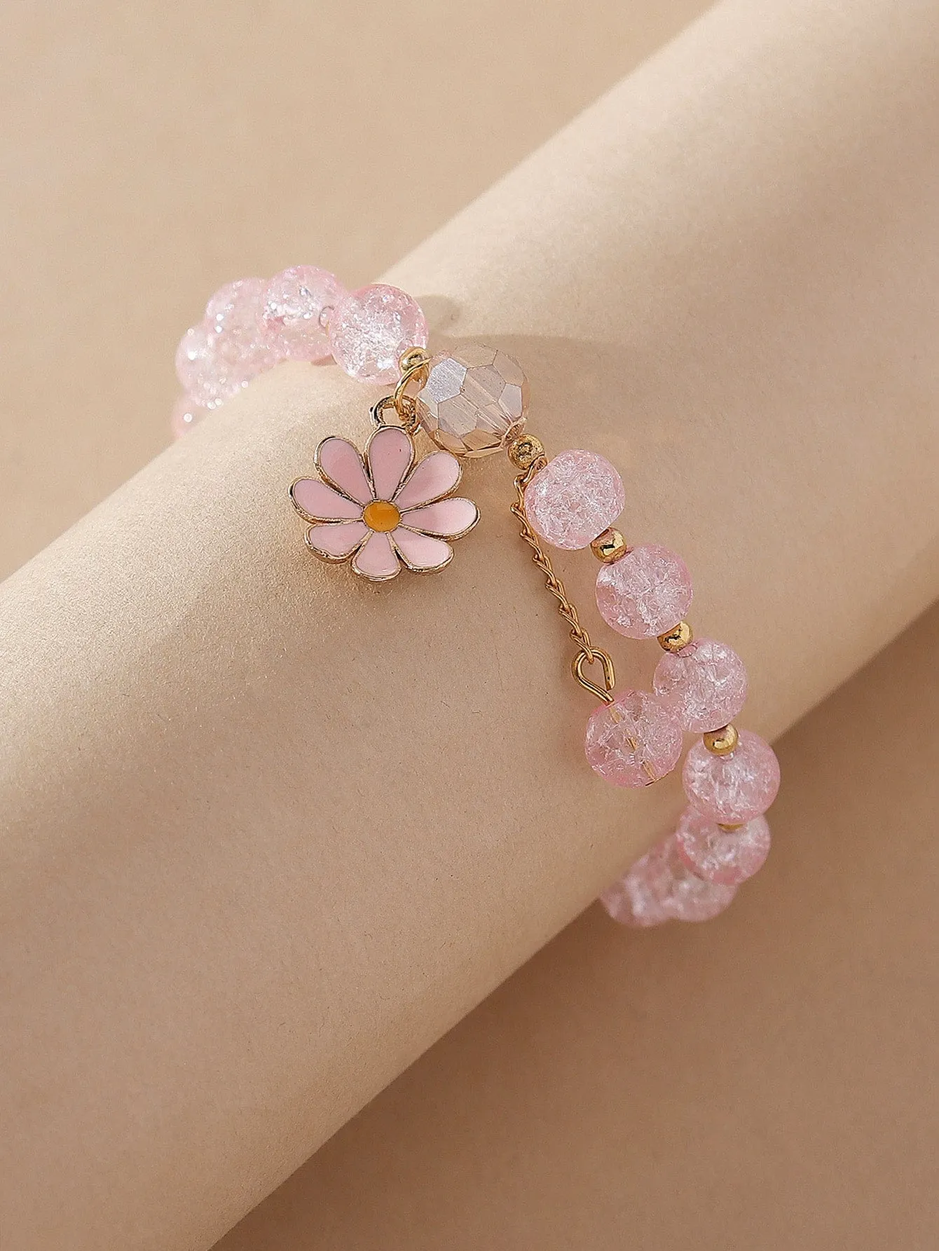 Pink Flower Charm Beaded Bracelet Women Bracelet Stackable Bracelet Crafted