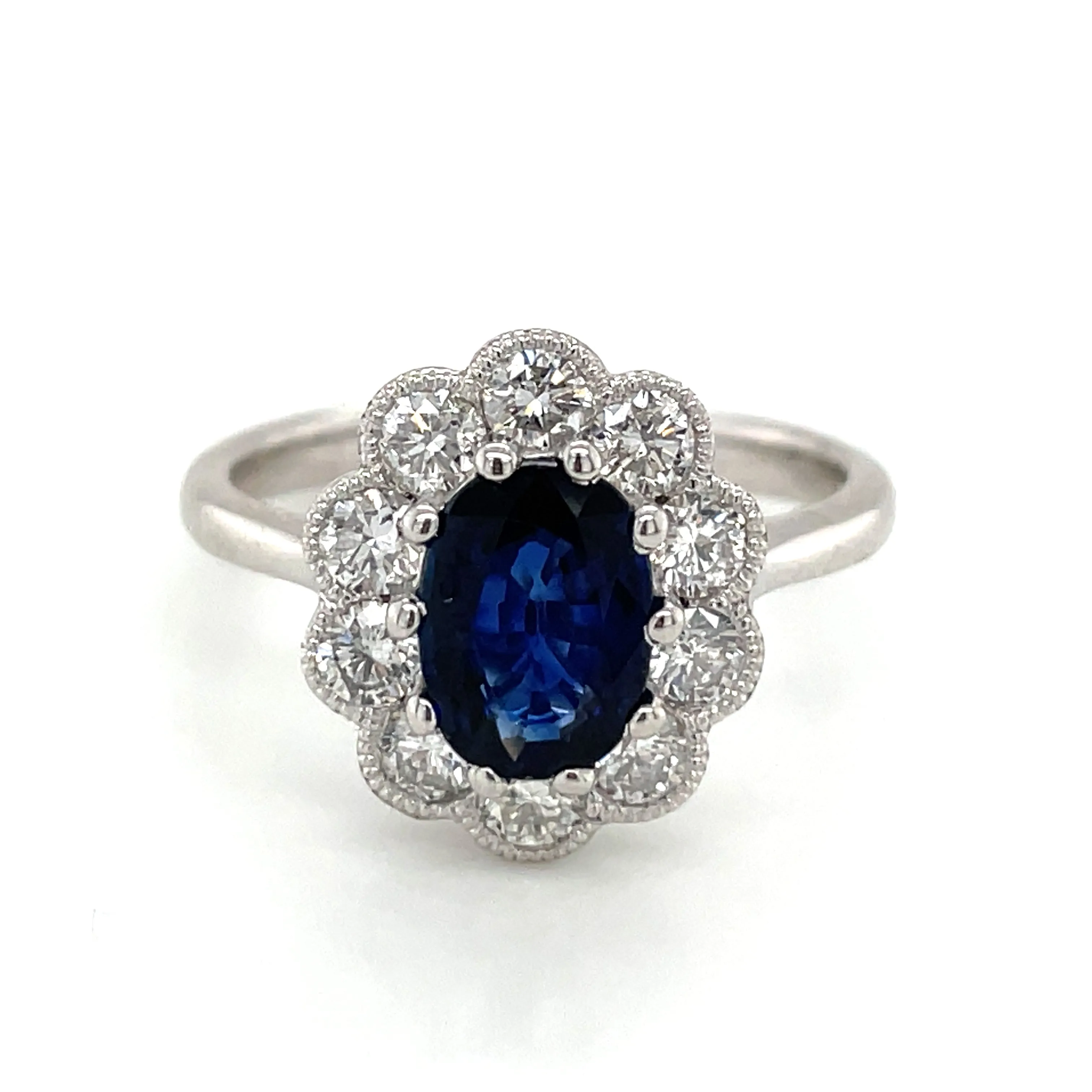 Platinum Earth Grown 1.78ct Oval Sapphire and Diamond Halo Ring