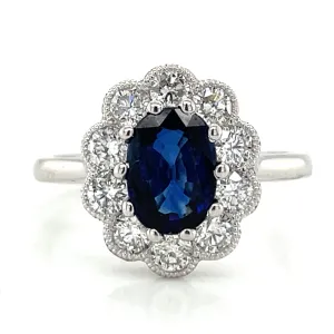 Platinum Earth Grown 1.78ct Oval Sapphire and Diamond Halo Ring