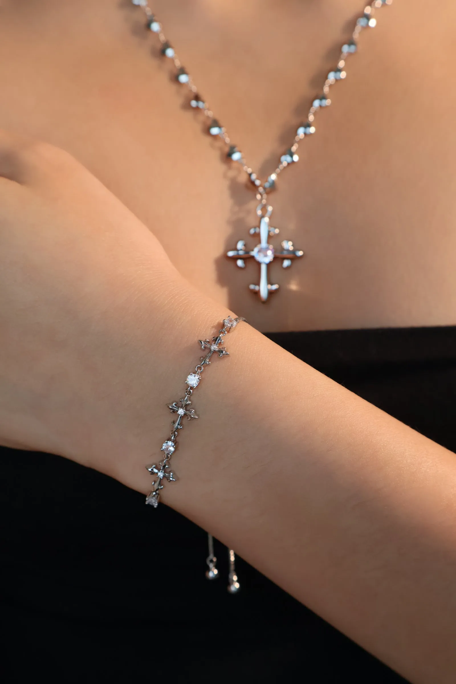 Platinum Plated Diamond Cross of Hearts Necklace