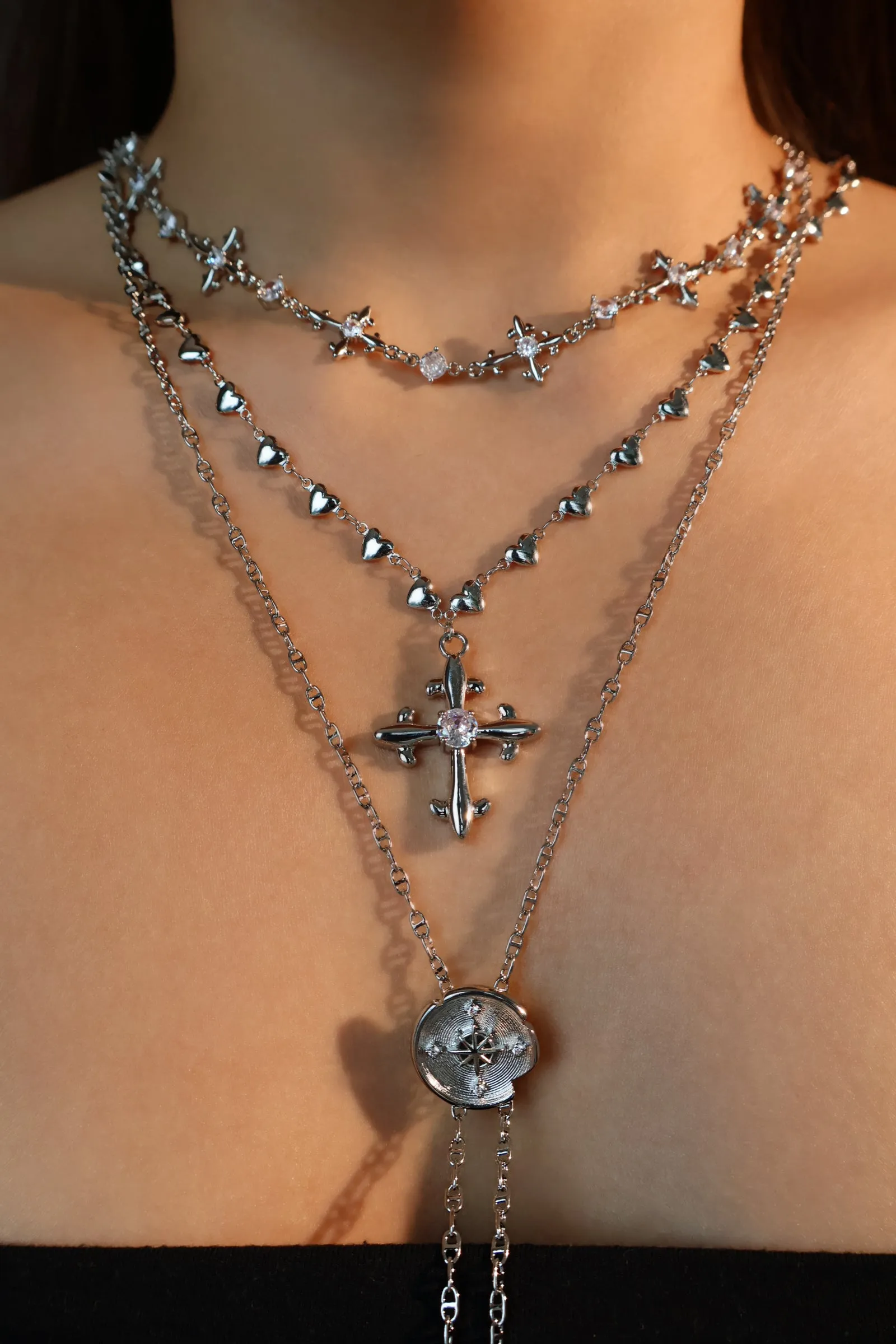 Platinum Plated Diamond Cross of Hearts Necklace