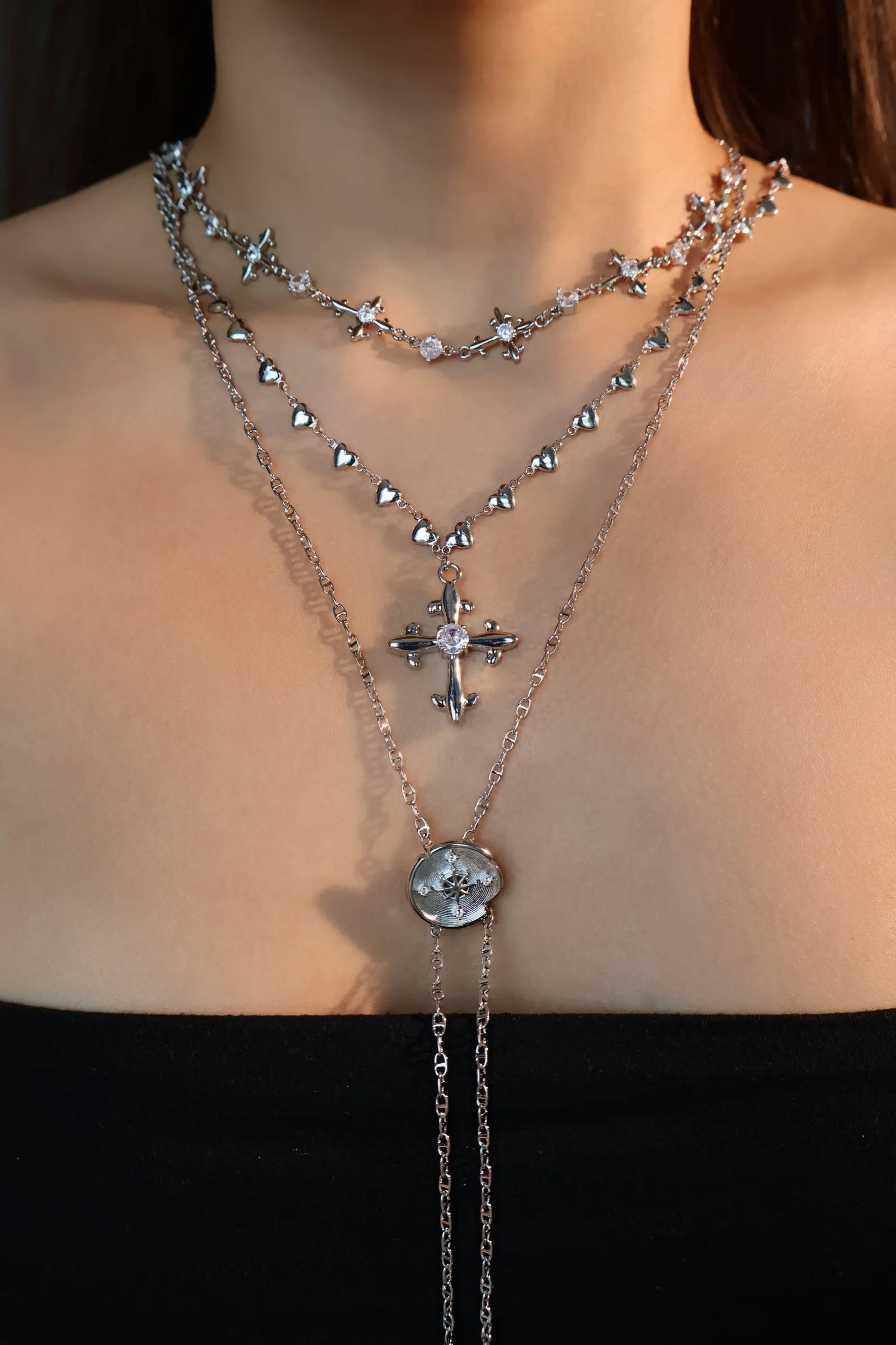 Platinum Plated Diamond Cross of Hearts Necklace