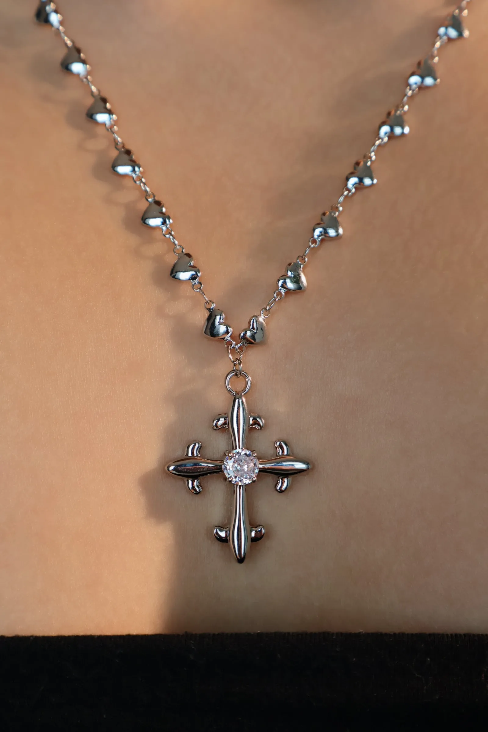 Platinum Plated Diamond Cross of Hearts Necklace