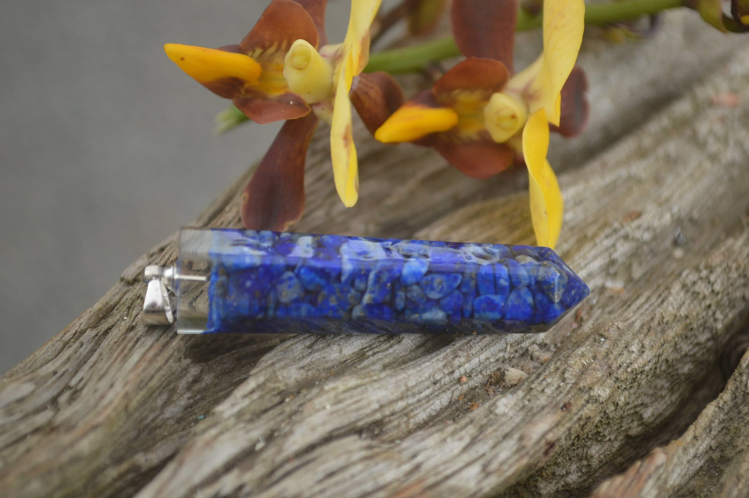 Polished Packaged Hand Crafted Resin Pendant with Lapis Lazuli Chips - sold per piece - From Bulwer, South Africa