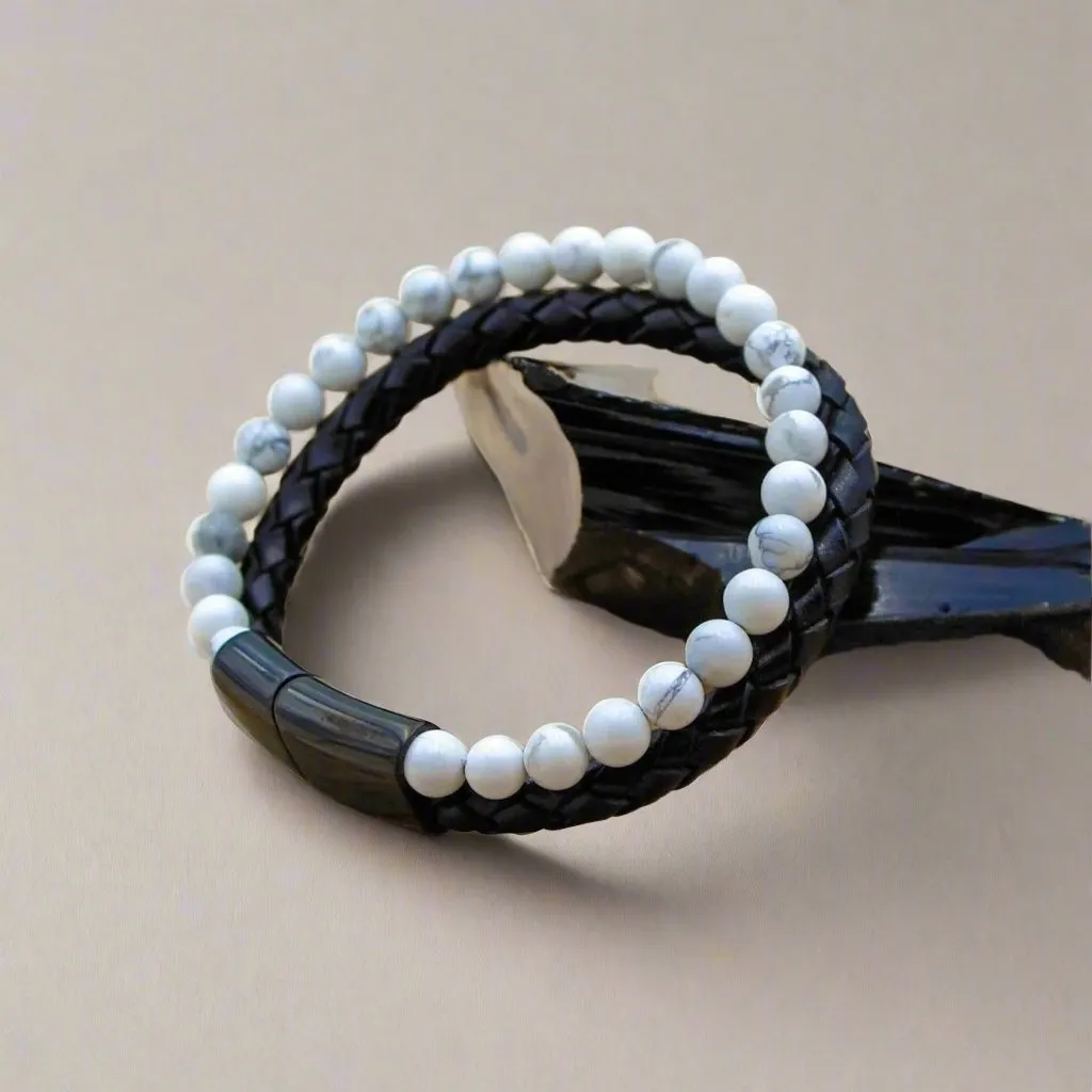 Quiet Mind White Howlite Leather Bracelet – Find Your Calm, Anytime, Anywhere