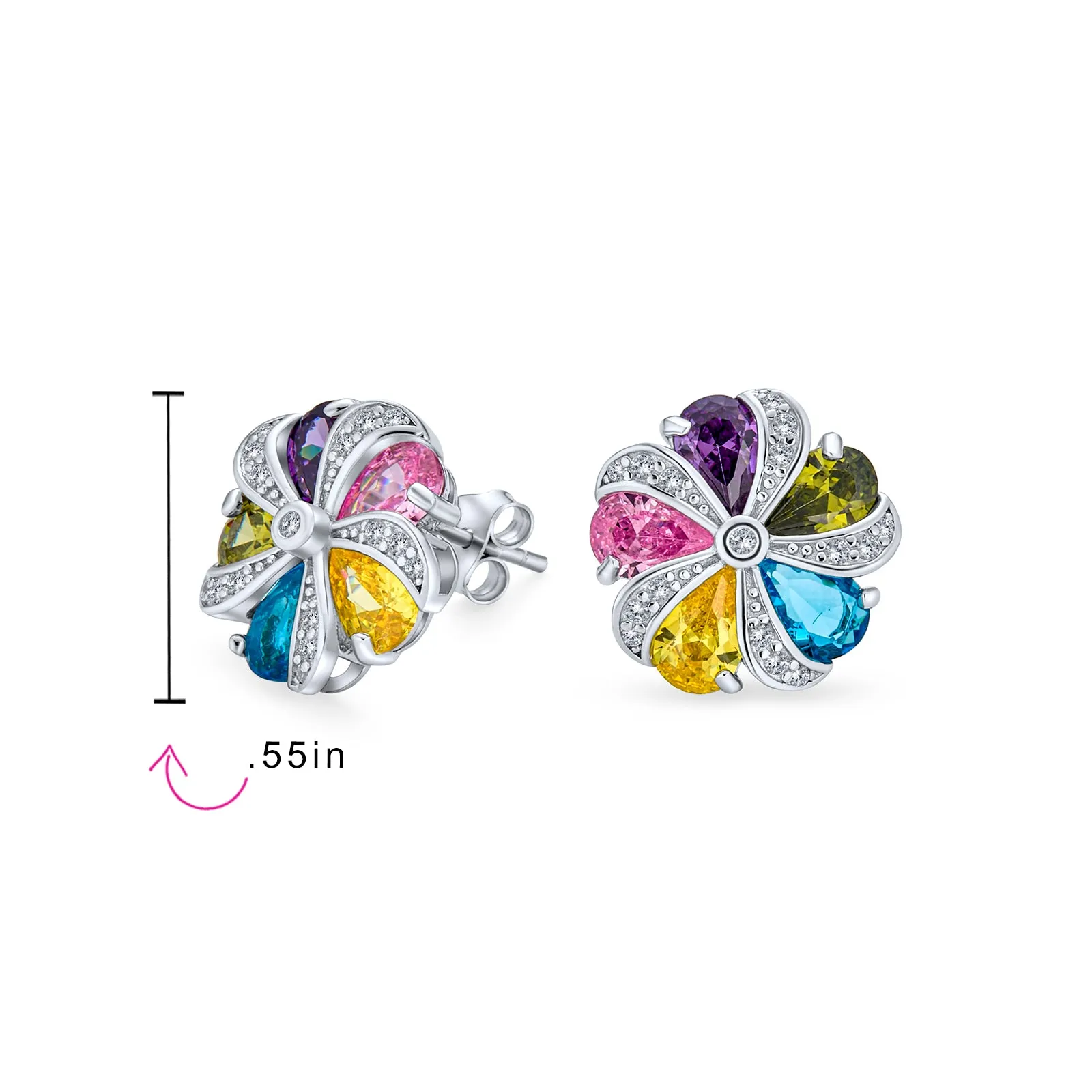 Rainbow Multicolor CZ Swirling Circle Button Flower Stud Earrings in Silver