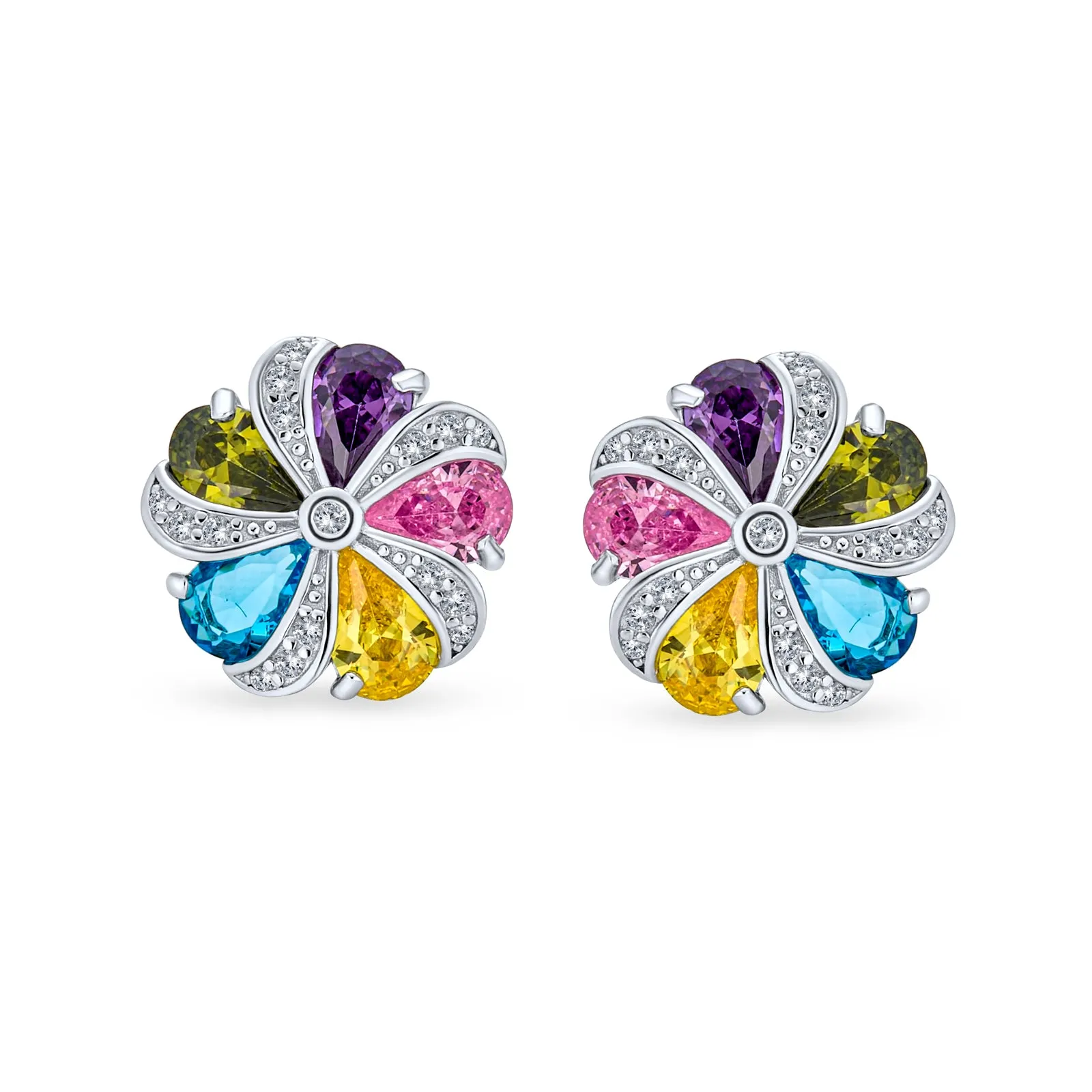 Rainbow Multicolor CZ Swirling Circle Button Flower Stud Earrings in Silver