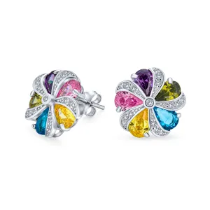 Rainbow Multicolor CZ Swirling Circle Button Flower Stud Earrings in Silver