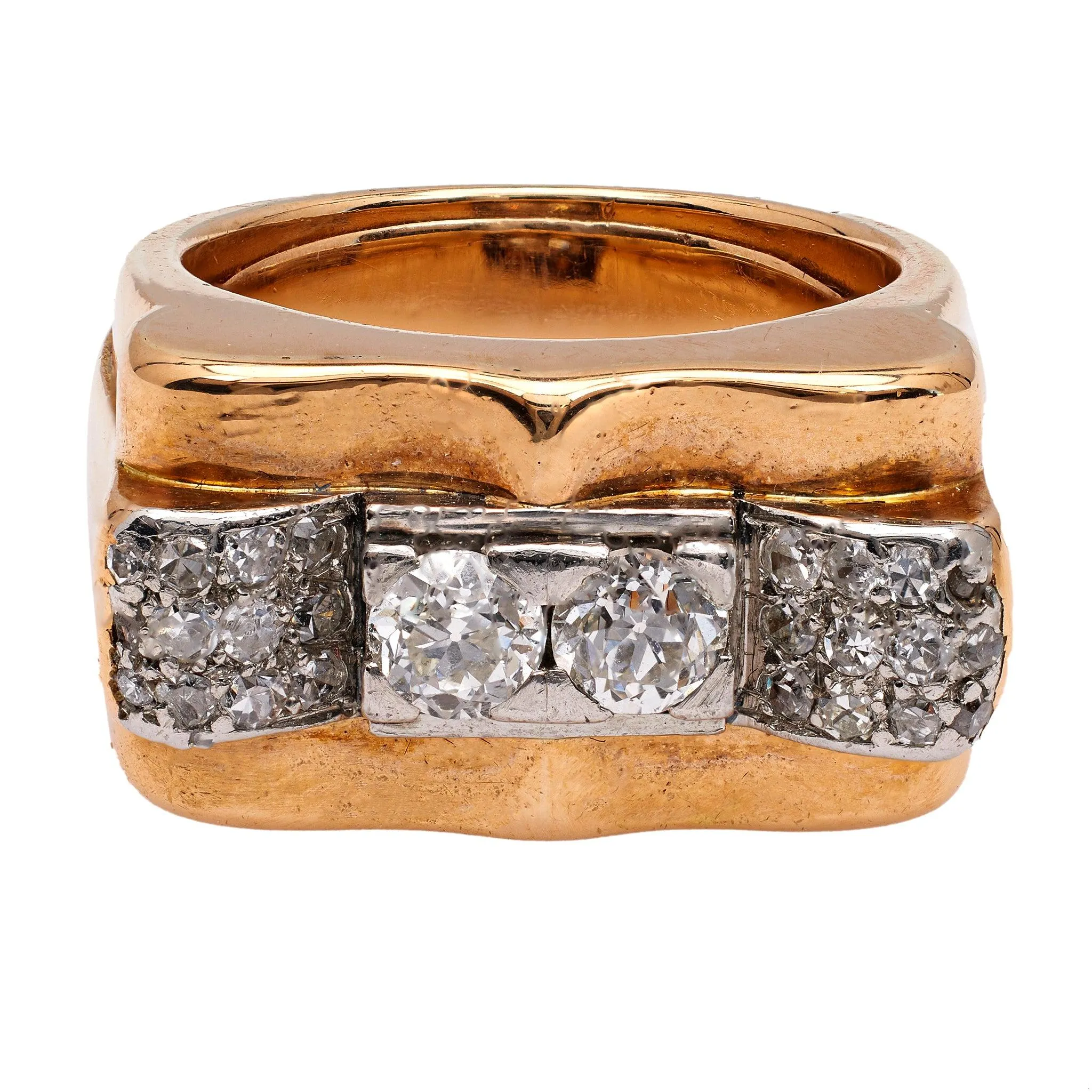 Retro French Diamond 18k Rose Gold Platinum Tank Ring