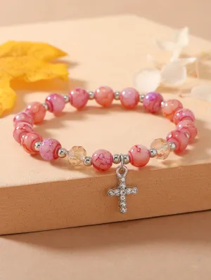 Rhinestone Cross Charm Pink Beaded Bracelet Women Bracelet Stackable Bracelet