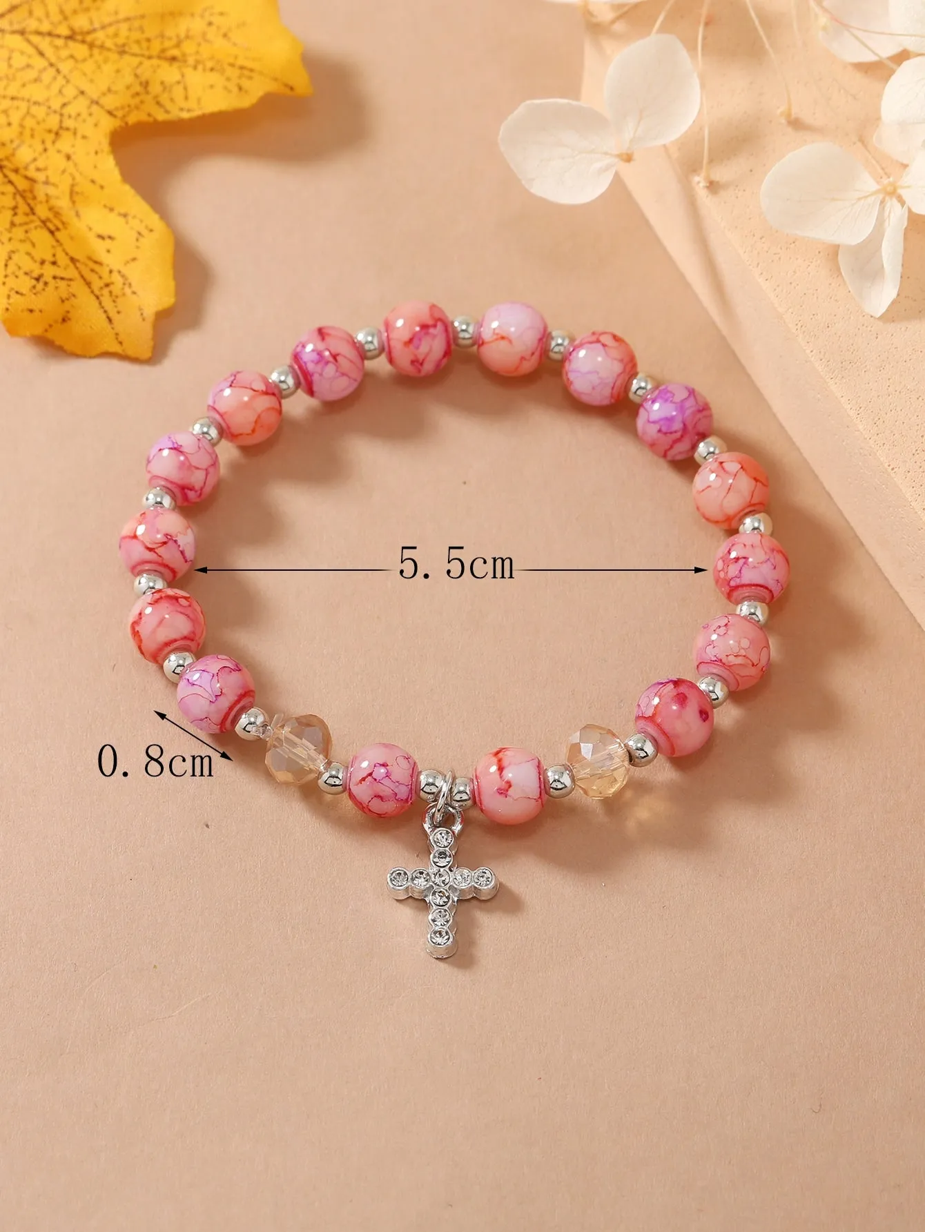 Rhinestone Cross Charm Pink Beaded Bracelet Women Bracelet Stackable Bracelet