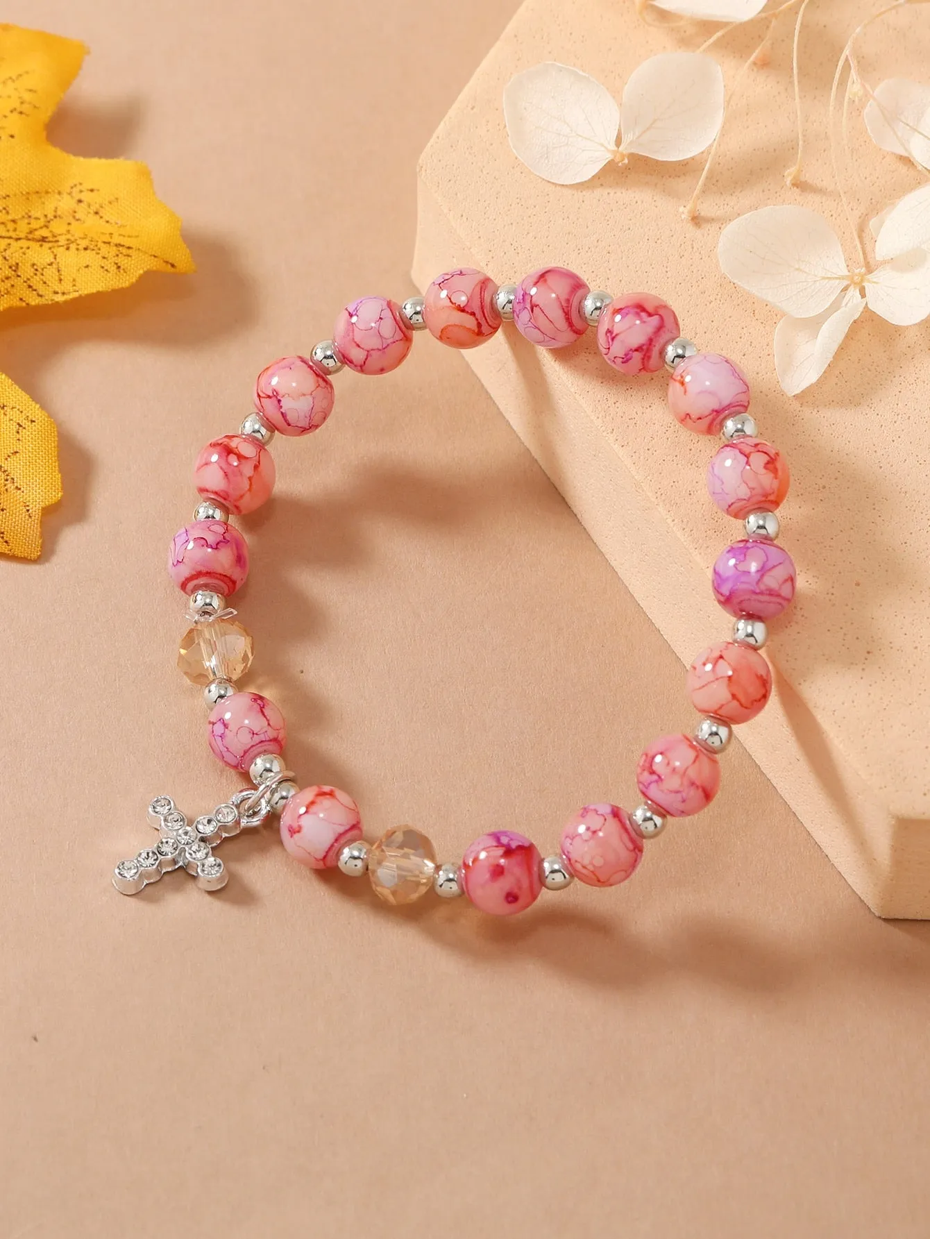 Rhinestone Cross Charm Pink Beaded Bracelet Women Bracelet Stackable Bracelet