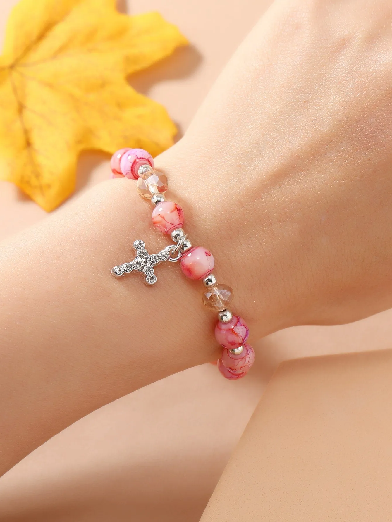 Rhinestone Cross Charm Pink Beaded Bracelet Women Bracelet Stackable Bracelet