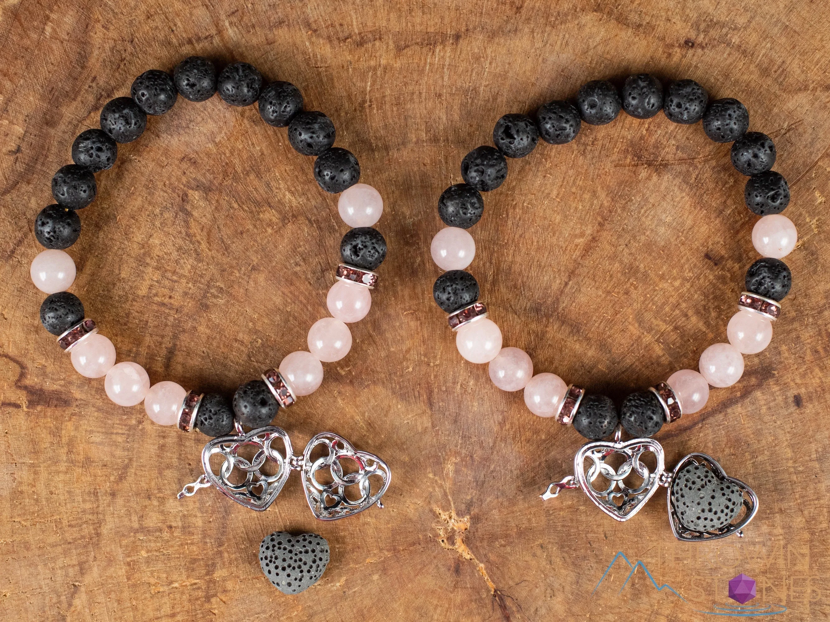 ROSE QUARTZ & LAVA Crystal Bracelet - Heart Locket, Round Beads - Aromatherapy Diffuser, Charm Bracelet, Beaded Bracelet, Jewelry, E0981