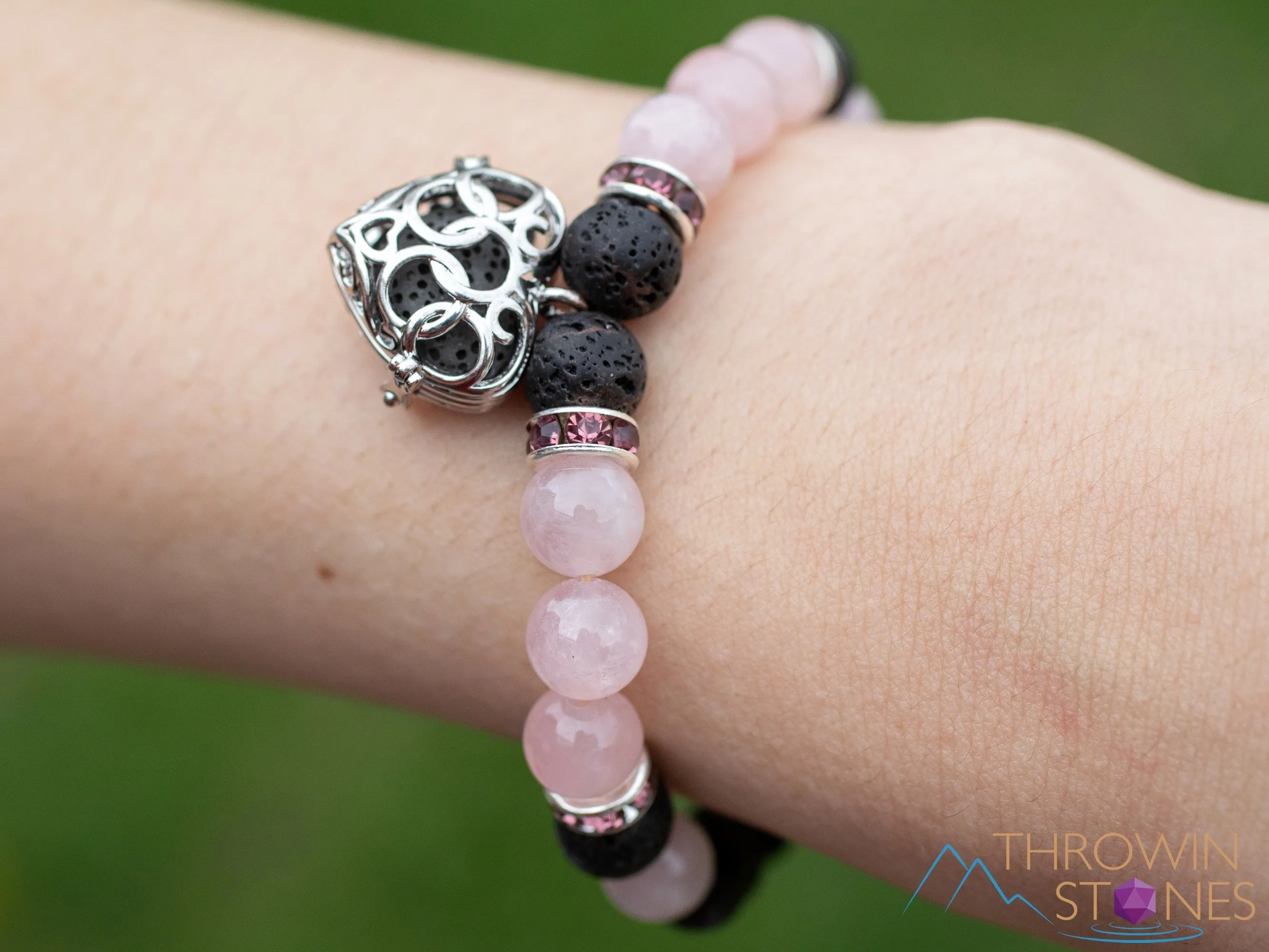 ROSE QUARTZ & LAVA Crystal Bracelet - Heart Locket, Round Beads - Aromatherapy Diffuser, Charm Bracelet, Beaded Bracelet, Jewelry, E0981