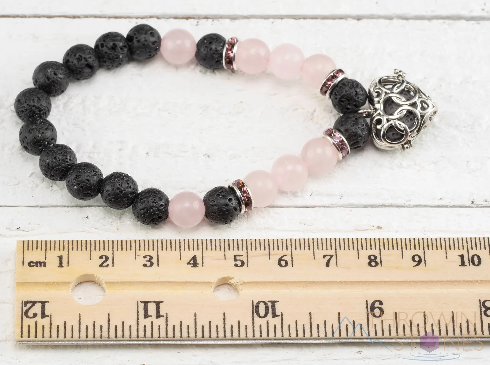 ROSE QUARTZ & LAVA Crystal Bracelet - Heart Locket, Round Beads - Aromatherapy Diffuser, Charm Bracelet, Beaded Bracelet, Jewelry, E0981