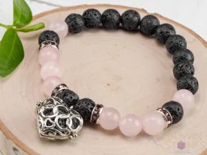 ROSE QUARTZ & LAVA Crystal Bracelet - Heart Locket, Round Beads - Aromatherapy Diffuser, Charm Bracelet, Beaded Bracelet, Jewelry, E0981