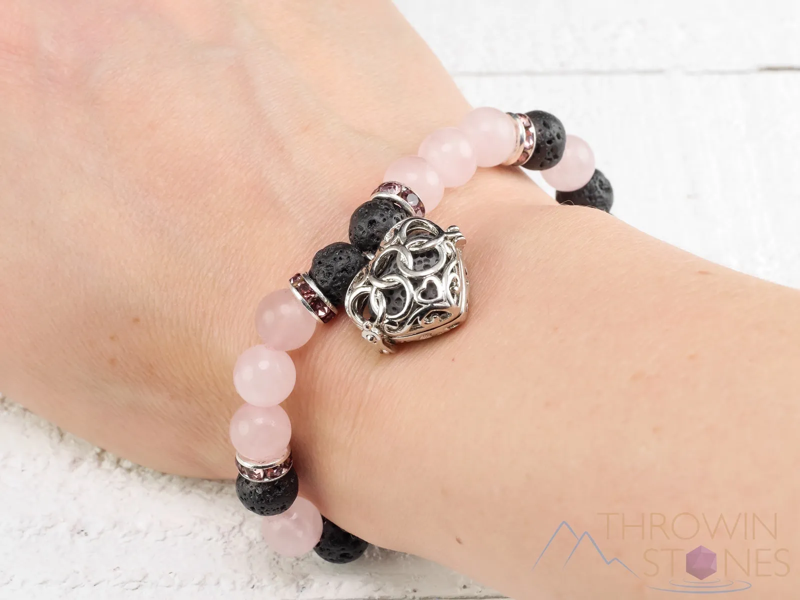 ROSE QUARTZ & LAVA Crystal Bracelet - Heart Locket, Round Beads - Aromatherapy Diffuser, Charm Bracelet, Beaded Bracelet, Jewelry, E0981