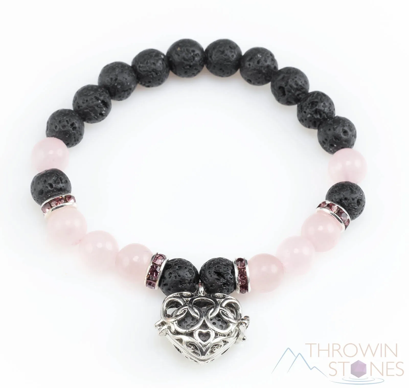 ROSE QUARTZ & LAVA Crystal Bracelet - Heart Locket, Round Beads - Aromatherapy Diffuser, Charm Bracelet, Beaded Bracelet, Jewelry, E0981