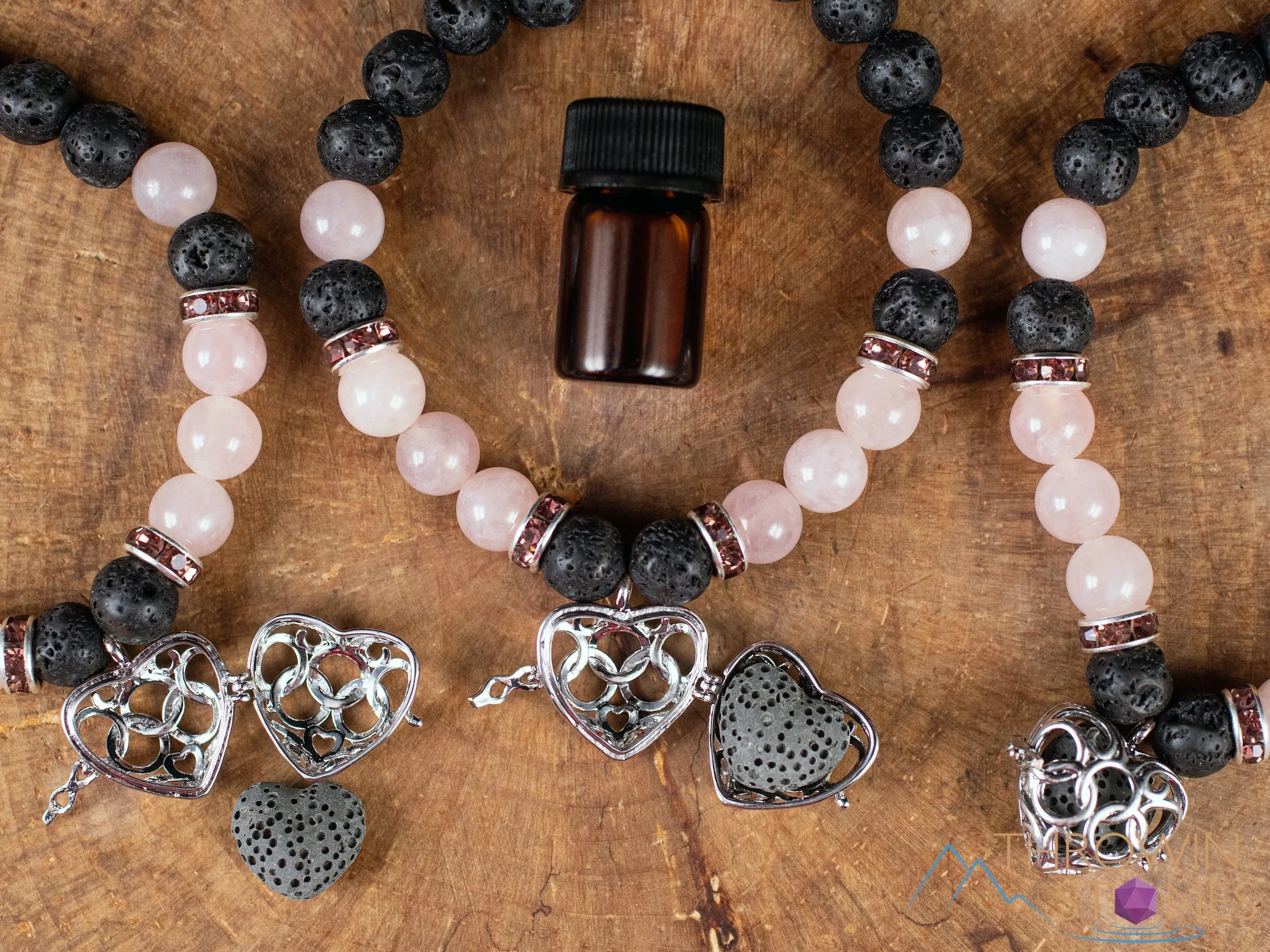 ROSE QUARTZ & LAVA Crystal Bracelet - Heart Locket, Round Beads - Aromatherapy Diffuser, Charm Bracelet, Beaded Bracelet, Jewelry, E0981