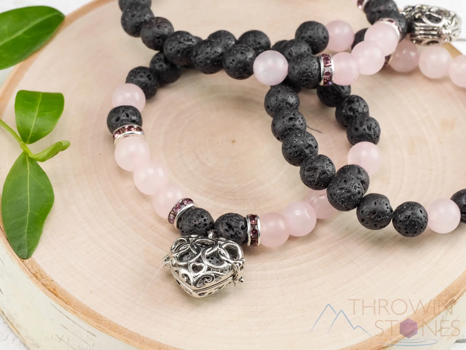 ROSE QUARTZ & LAVA Crystal Bracelet - Heart Locket, Round Beads - Aromatherapy Diffuser, Charm Bracelet, Beaded Bracelet, Jewelry, E0981