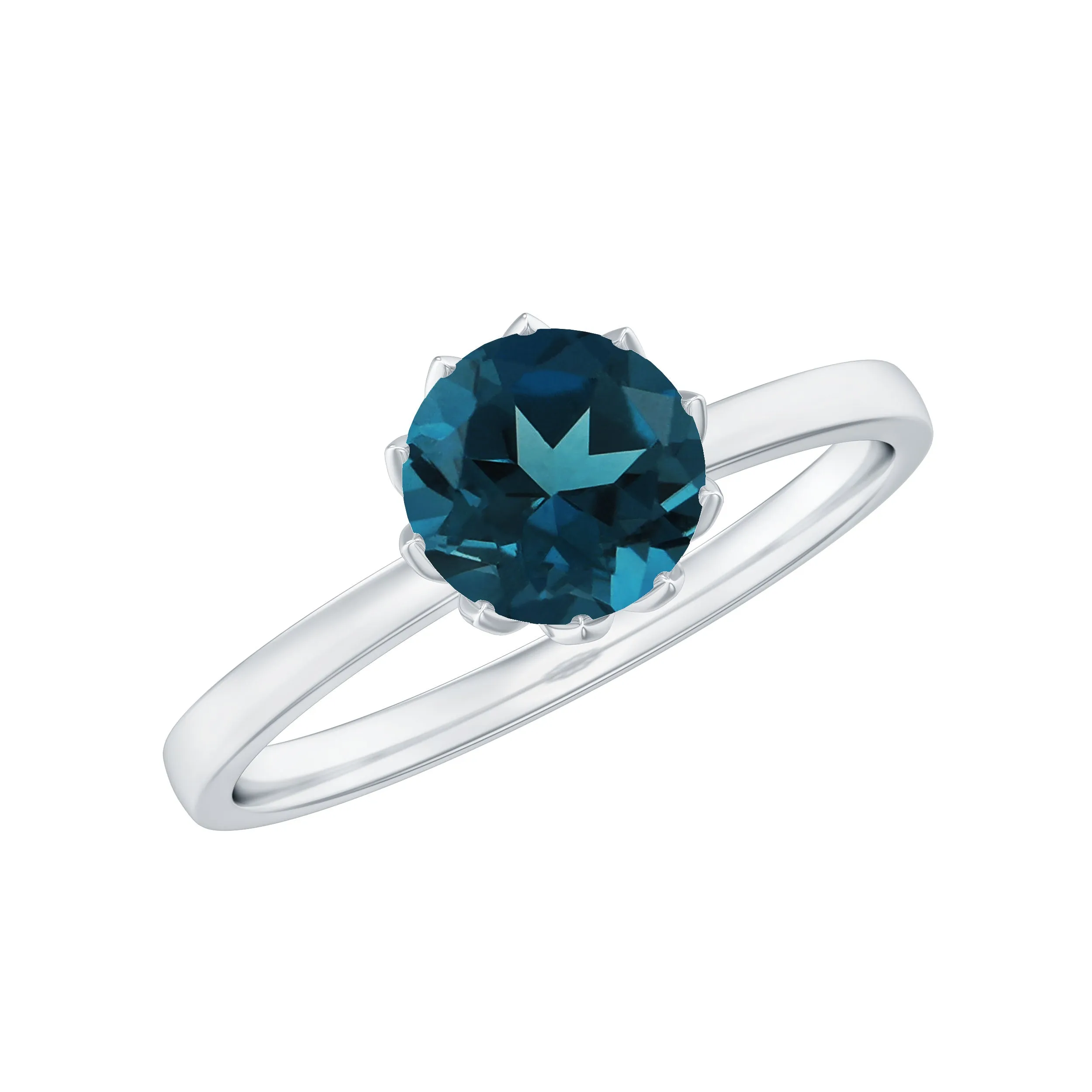 Round Cut London Blue Topaz Solitaire Ring in Lotus Basket Setting