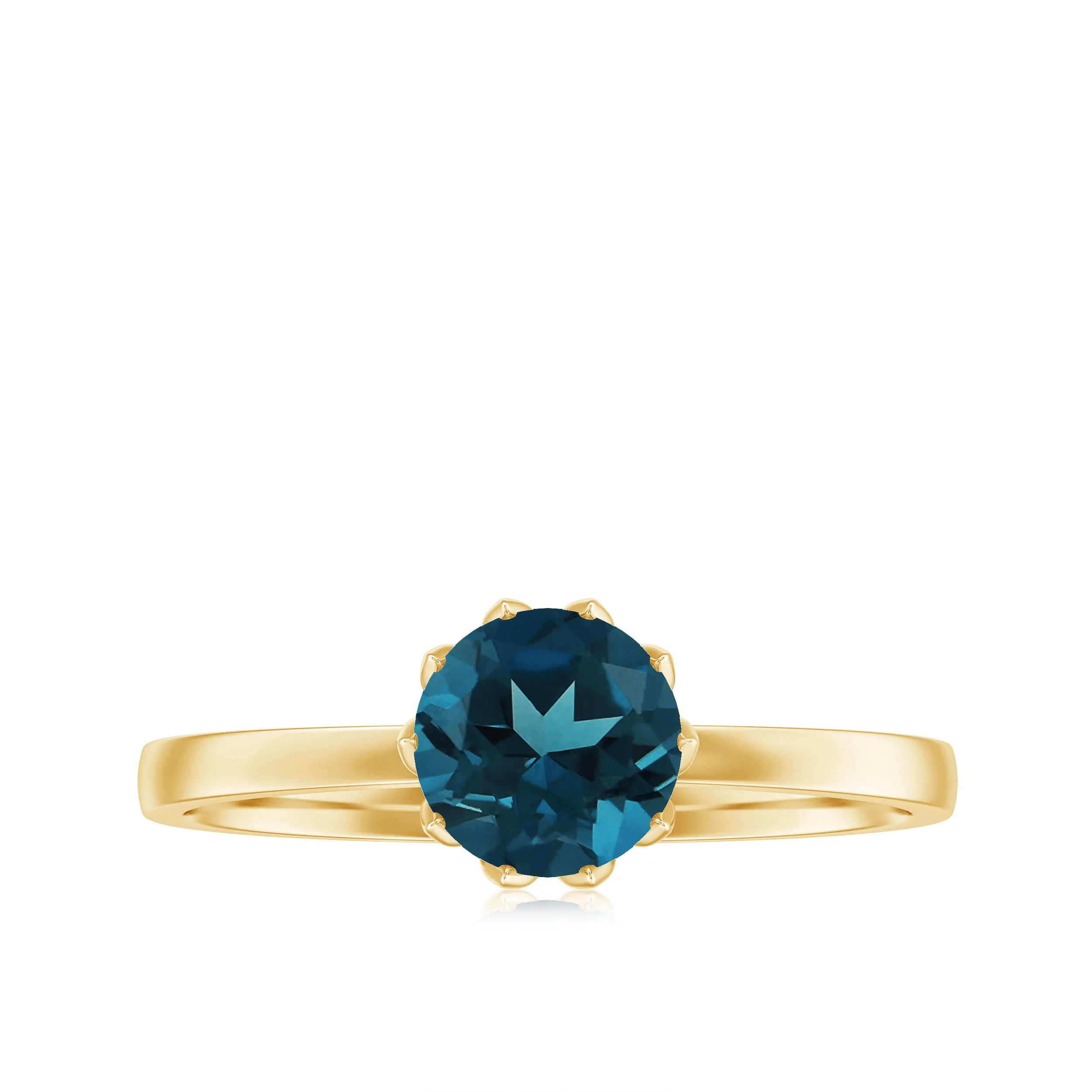 Round Cut London Blue Topaz Solitaire Ring in Lotus Basket Setting