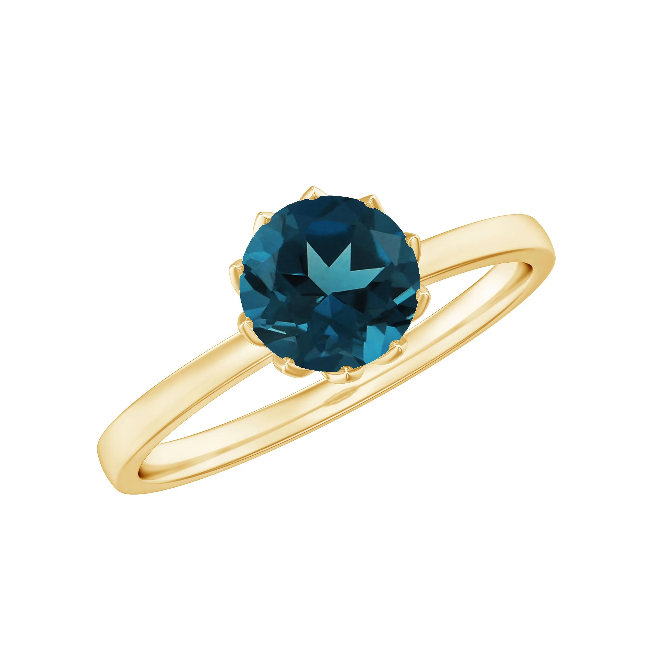 Round Cut London Blue Topaz Solitaire Ring in Lotus Basket Setting