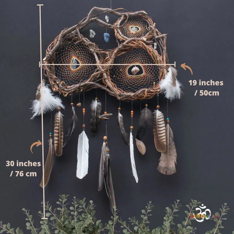 Shaman stone Dreamcatcher with beautiful and interesting feathers, Personalized colored, Crystal Healing and clearing, Kid sleep protection