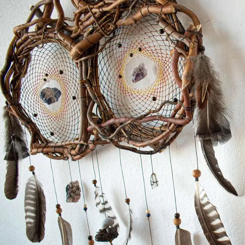 Shaman stone Dreamcatcher with beautiful and interesting feathers, Personalized colored, Crystal Healing and clearing, Kid sleep protection