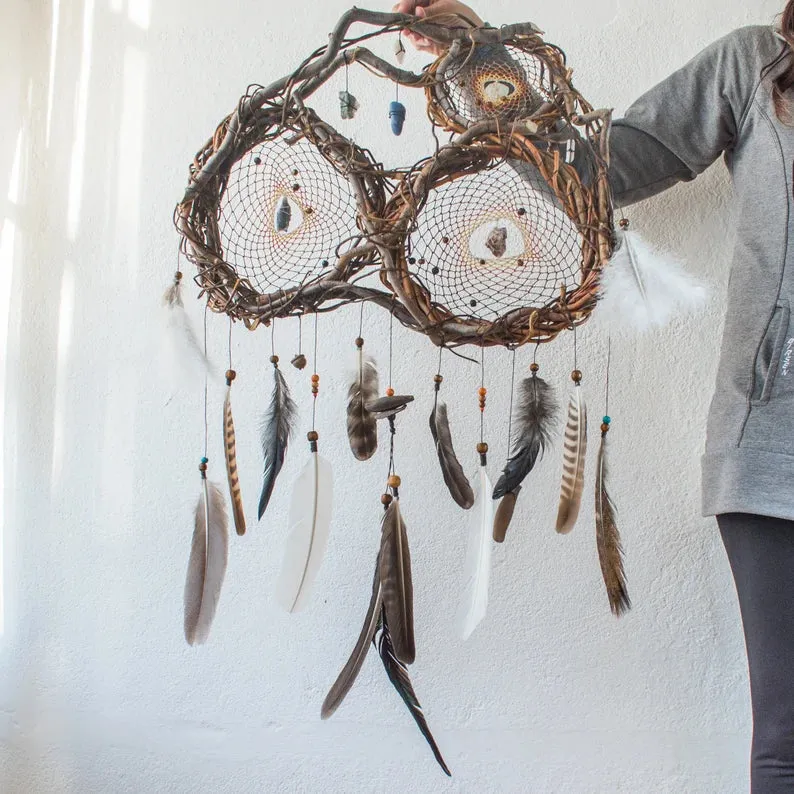 Shaman stone Dreamcatcher with beautiful and interesting feathers, Personalized colored, Crystal Healing and clearing, Kid sleep protection