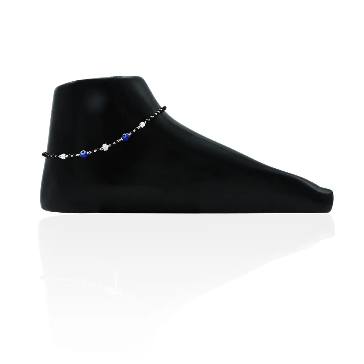 Silver Blue Evileye Black Beads Anklet