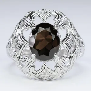 SMOKY QUARTZ STERLING SILVER RING VINTAGE STYLE OVAL GEMSTONE FILIGREE COCKTAIL