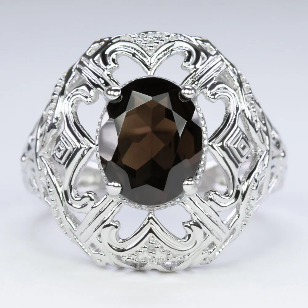 SMOKY QUARTZ STERLING SILVER RING VINTAGE STYLE OVAL GEMSTONE FILIGREE COCKTAIL