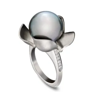 Southern Magnolia  Tahitian Cultured Pearl and Diamond Ring 18KW