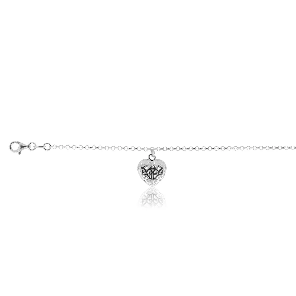 Sterling Silver 19cm Filigree Heart Charm Bracelet