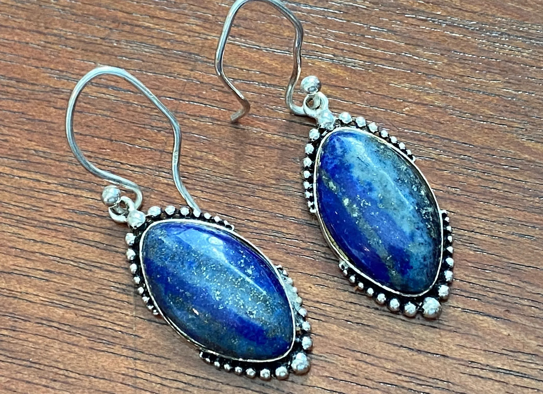 Sterling Silver 925 Blue Lapis Tree Design French Hook Dangly Drop Earrings