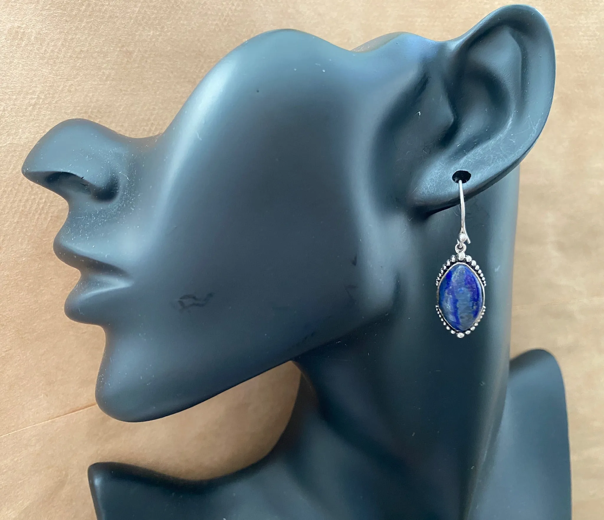 Sterling Silver 925 Blue Lapis Tree Design French Hook Dangly Drop Earrings