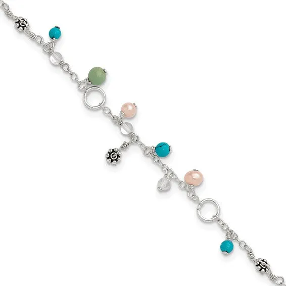 Sterling Silver Turquoise & Cultured Pearl Anklet