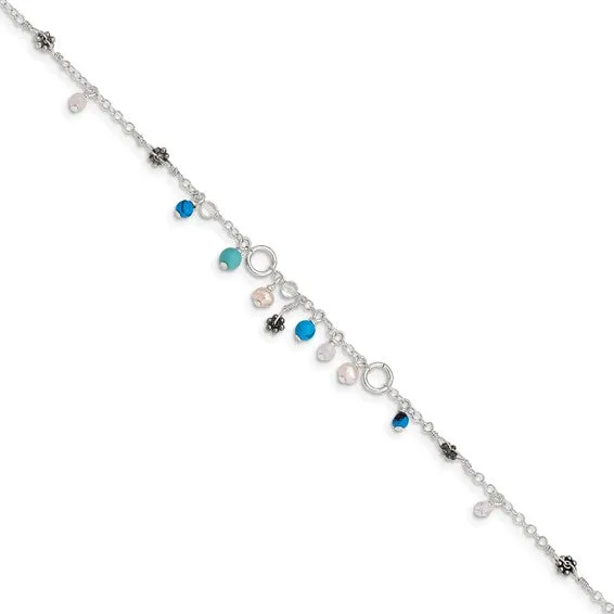 Sterling Silver Turquoise & Cultured Pearl Anklet