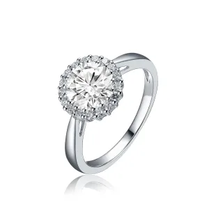 Sterling Silver White Gold Plated Halo Round Clear Cubic Zirconia Solitaire Ring