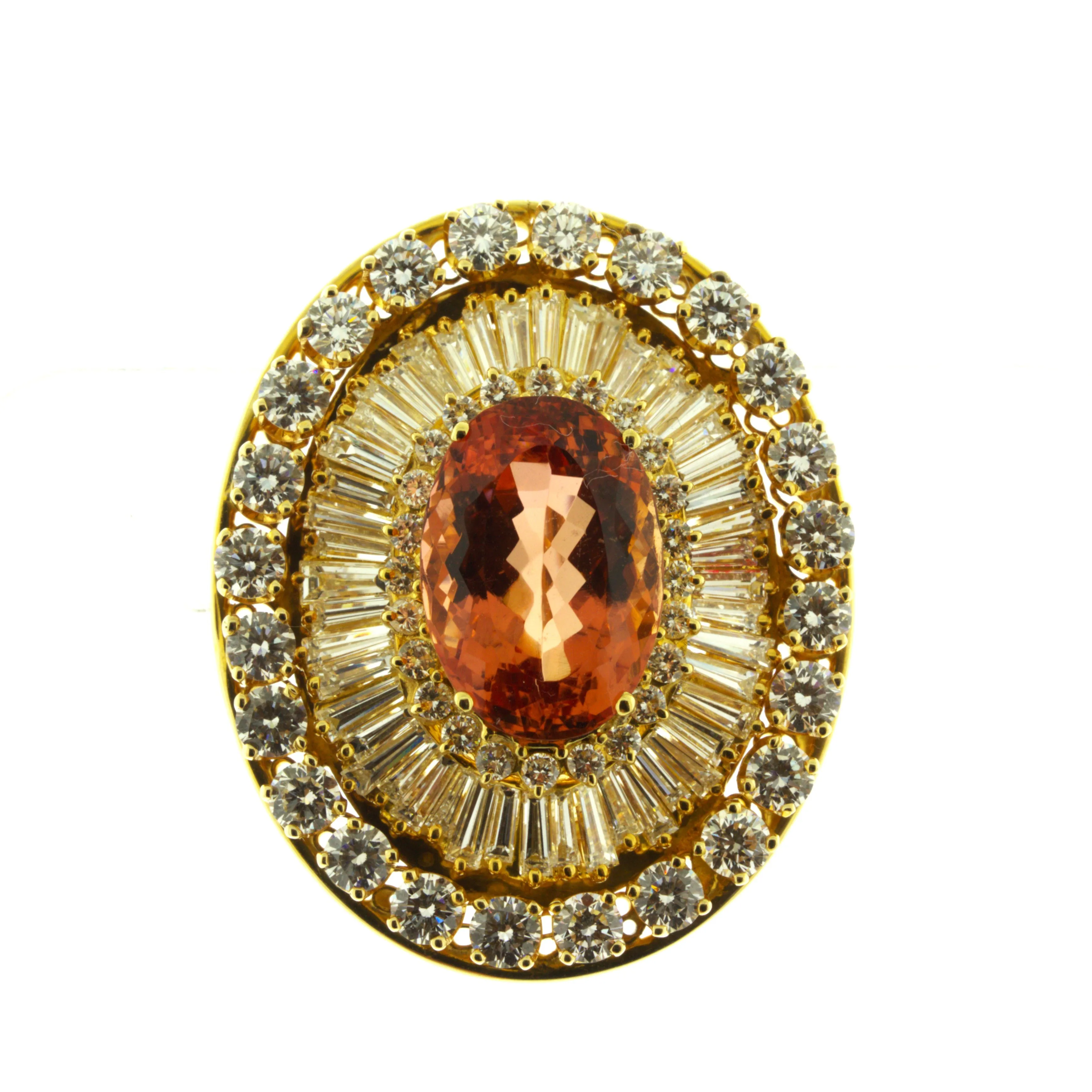 Superb Imperial Topaz Diamond 18K Yellow Gold Brooch, AGL Certified