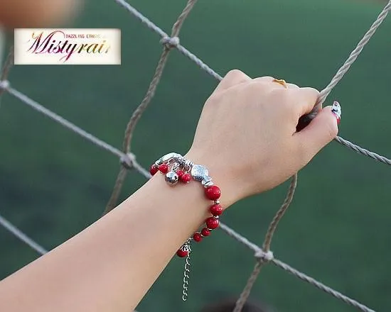 Tibetan silver fish and bell with red coral bracelet