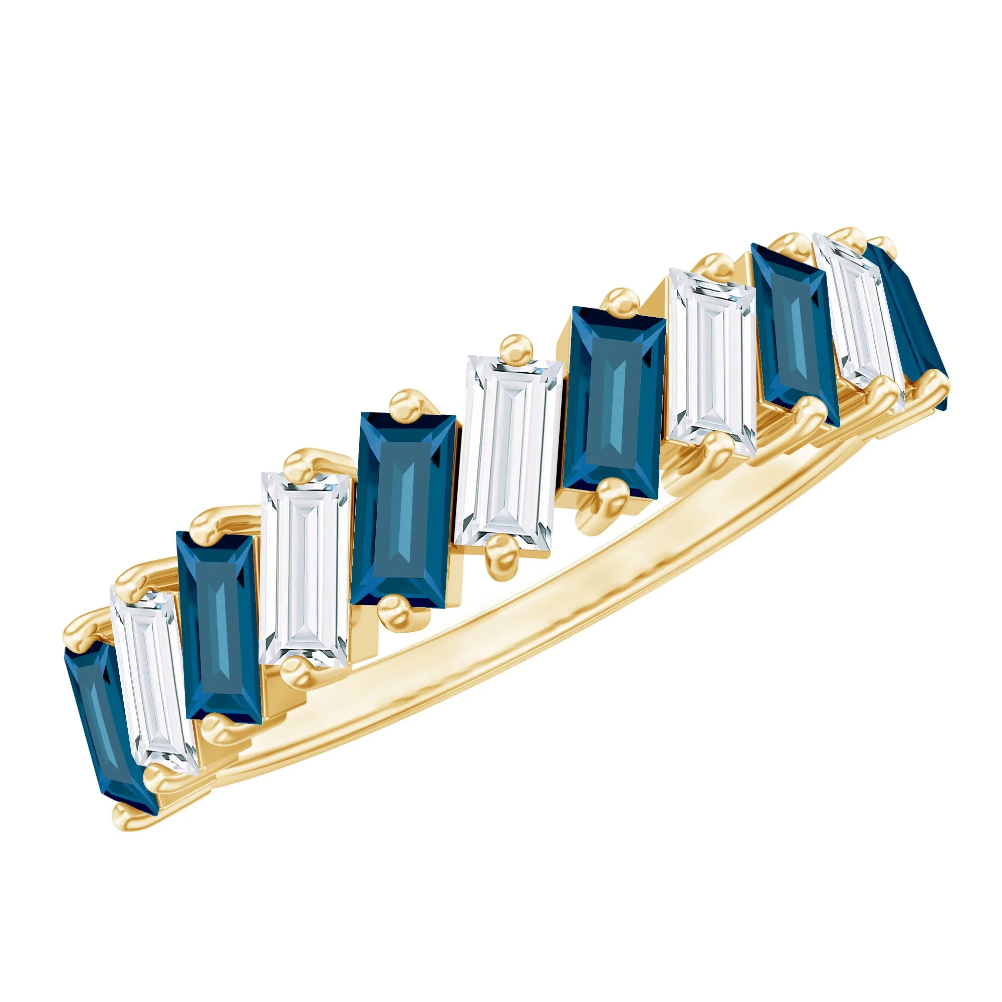 Tilted Baguette Cut London Blue Topaz and Moissanite Half Eternity Ring