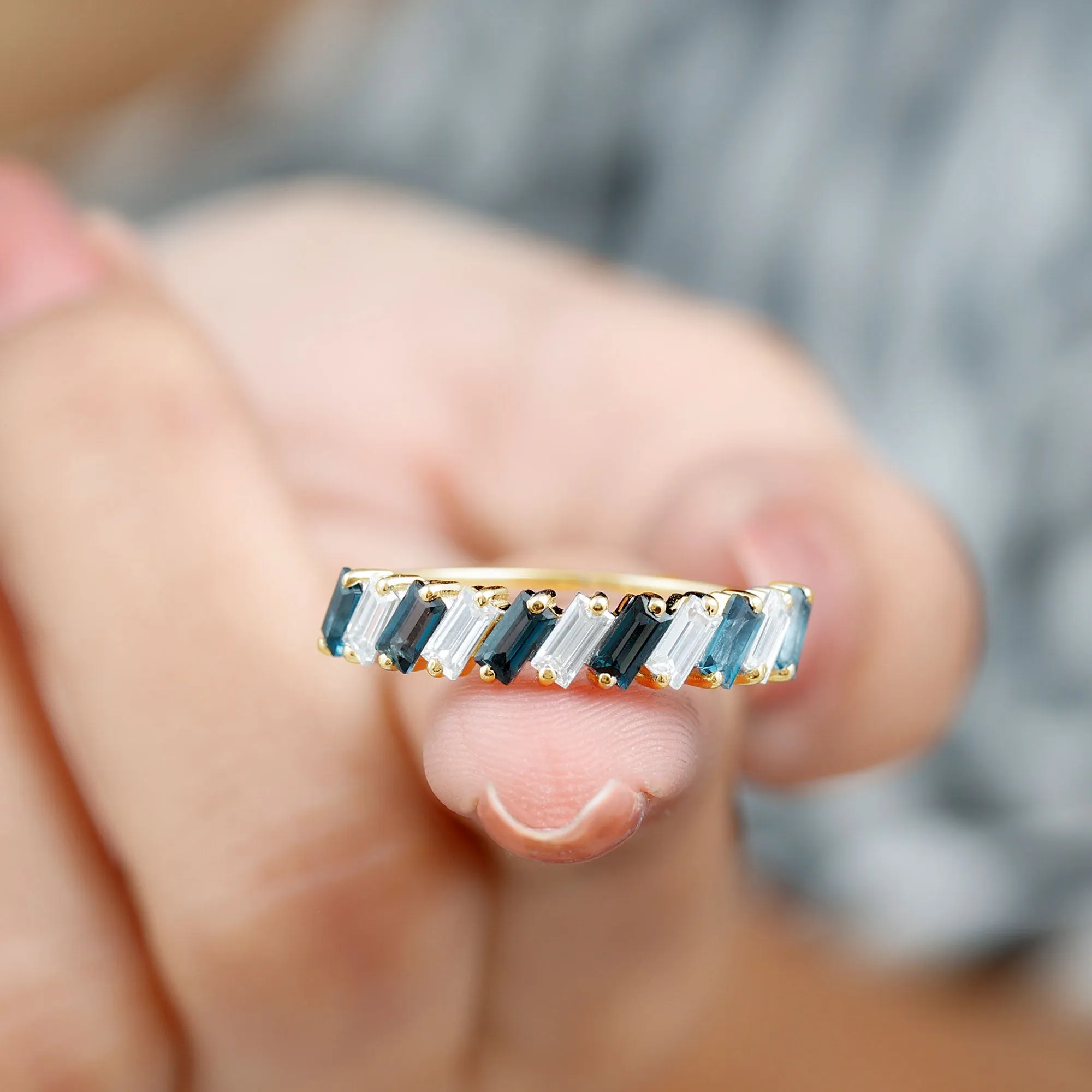 Tilted Baguette Cut London Blue Topaz and Moissanite Half Eternity Ring