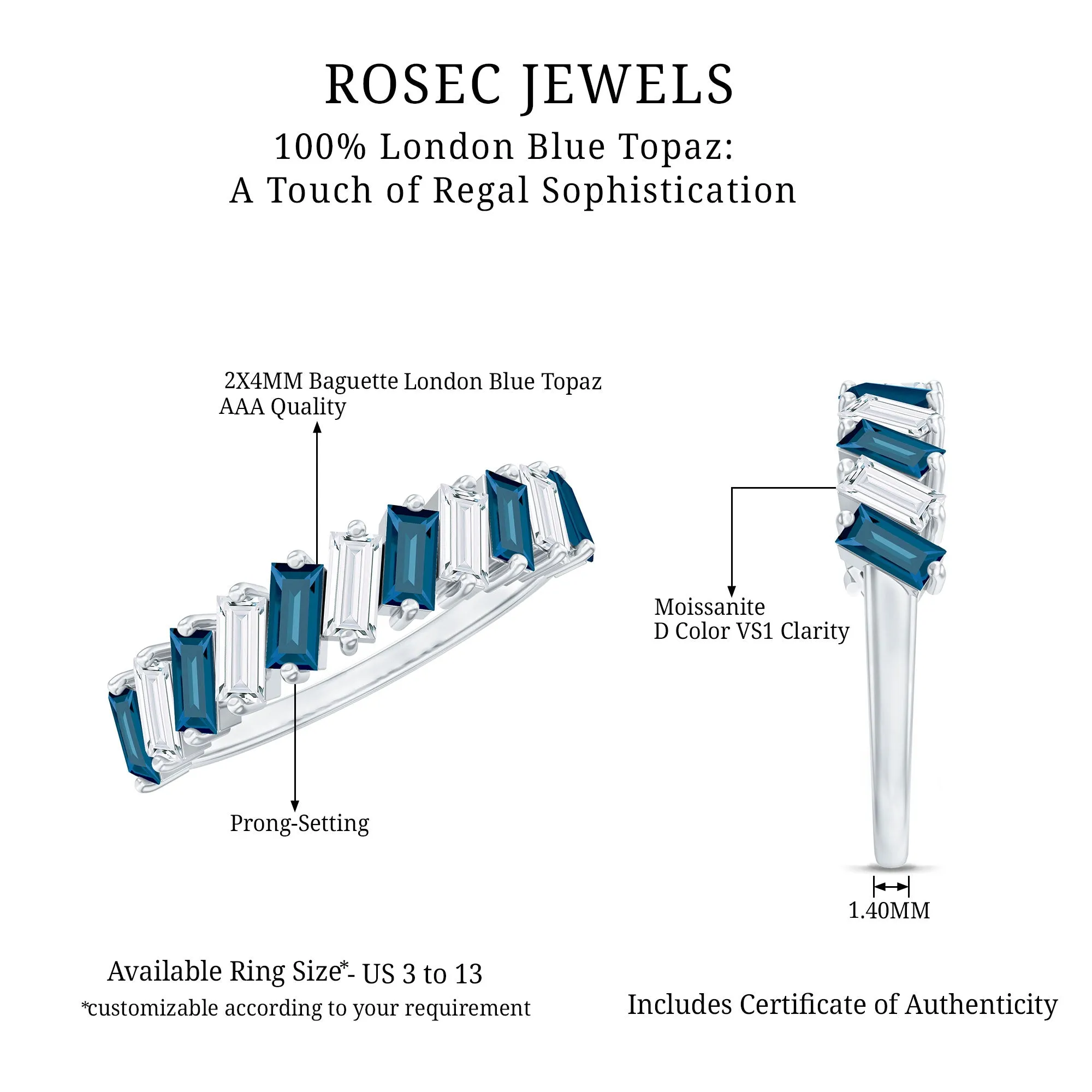 Tilted Baguette Cut London Blue Topaz and Moissanite Half Eternity Ring