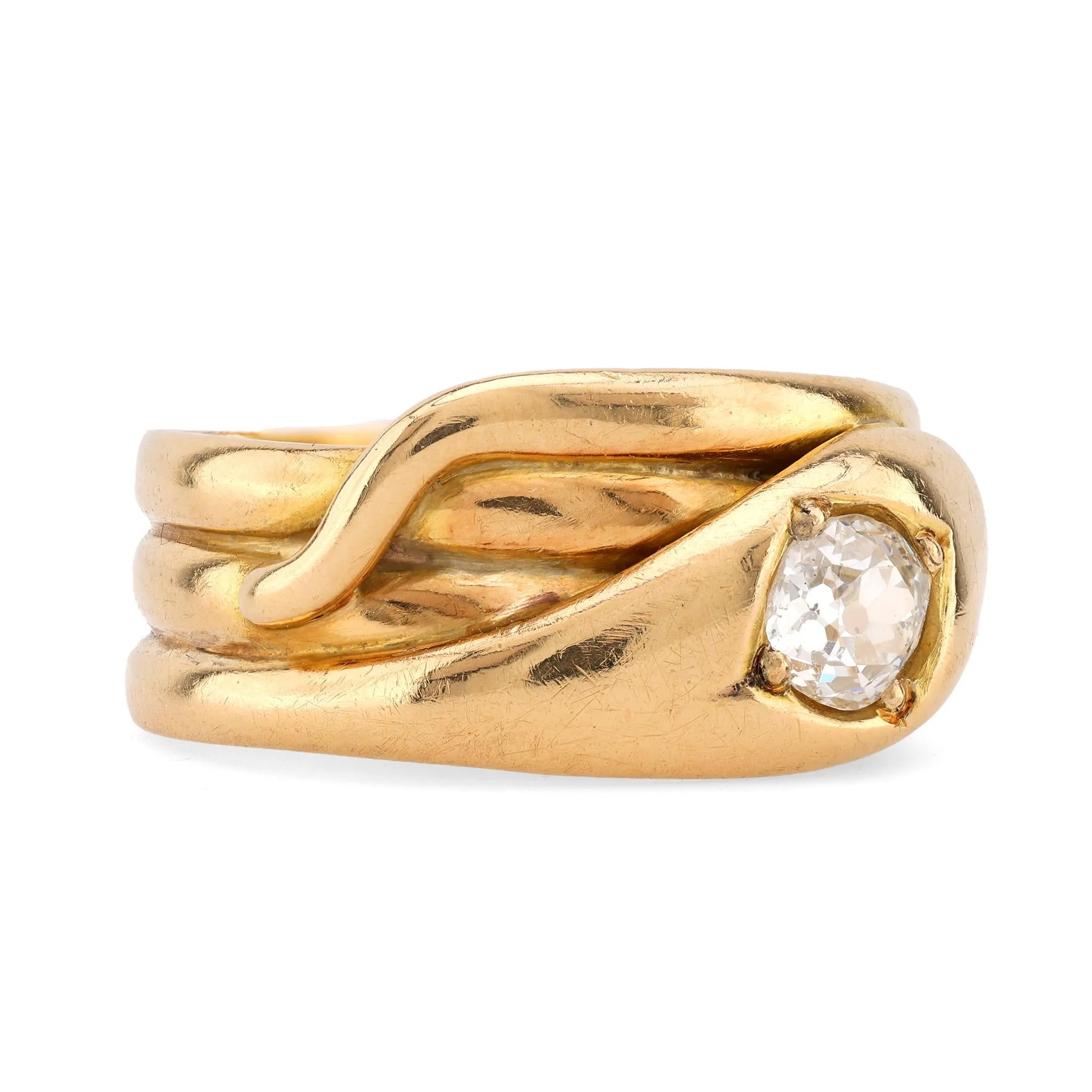 Victorian Old Mine Cut Diamond 18K Yellow Gold Snake Ring