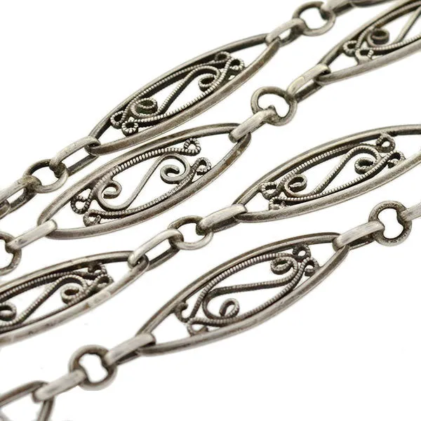 Victorian Sterling Silver Filigree Muff Chain 42" Long