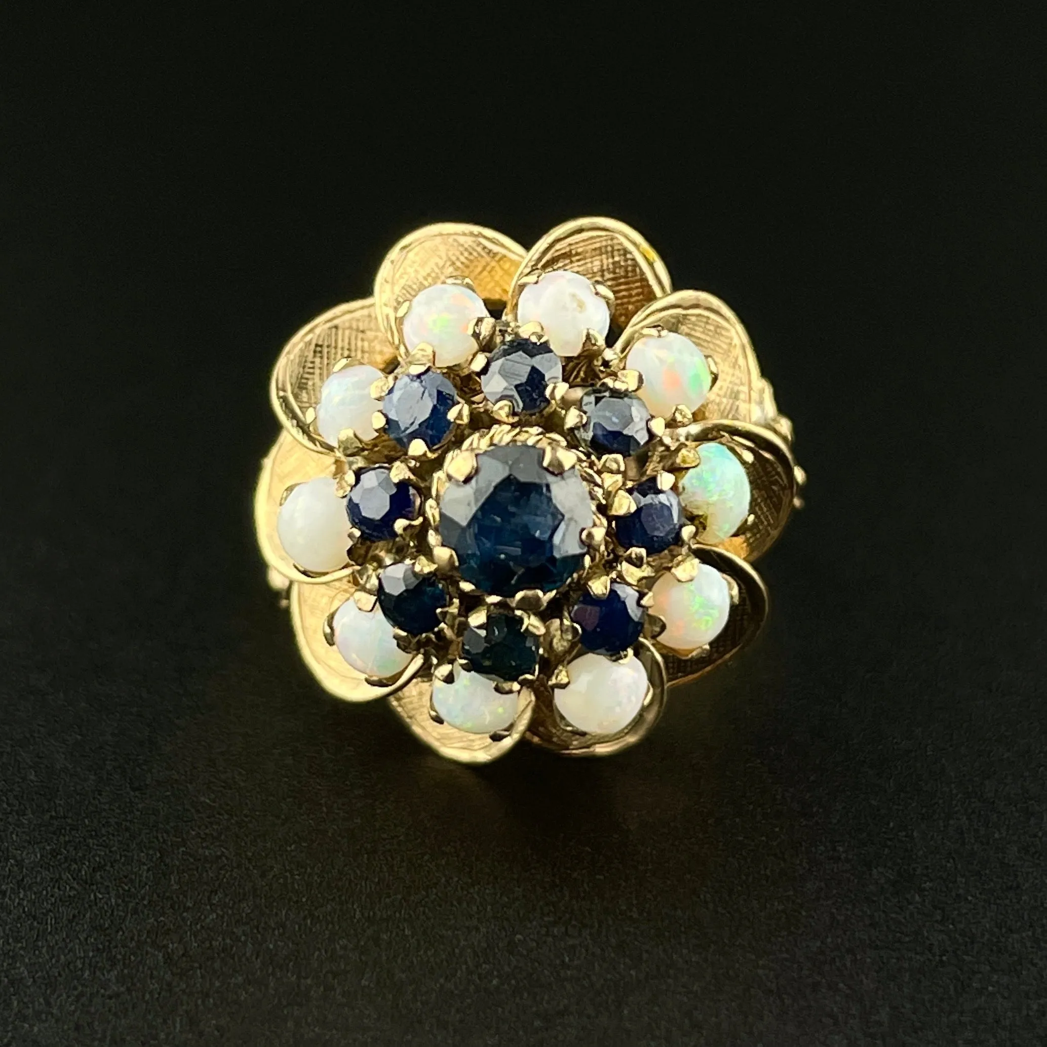 Vintage 14K Gold Sapphire Opal Cluster Thai Princess Cocktail Ring, Sz 4 1/4